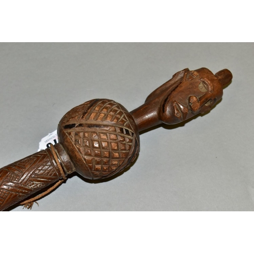 475 - TRIBAL INTEREST, an African Congolese carved Janus finial prestige staff, with chip carving detail, ... 