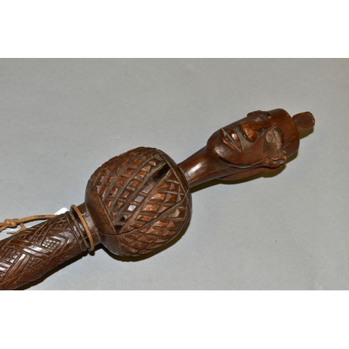 475 - TRIBAL INTEREST, an African Congolese carved Janus finial prestige staff, with chip carving detail, ... 