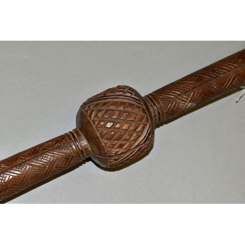 475 - TRIBAL INTEREST, an African Congolese carved Janus finial prestige staff, with chip carving detail, ... 