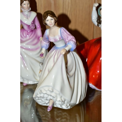 481 - SIX ROYAL DOULTON FIGURES, comprising miniature 'Karen' M204, 'Karen' HN2388 (seconds), Ashley HN342... 