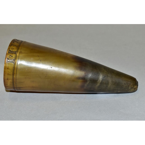 484 - A COW HORN POSSIBLY A STIRRUP CUP, engraved to rim 'I.I 1740', height 16cm (worn)