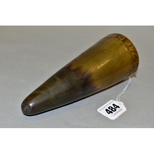 484 - A COW HORN POSSIBLY A STIRRUP CUP, engraved to rim 'I.I 1740', height 16cm (worn)