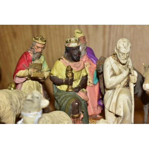 490 - A NATIVITY GROUP, to include plaster Mary, Joseph, Jesus and sheep (all white), three kings (painted... 