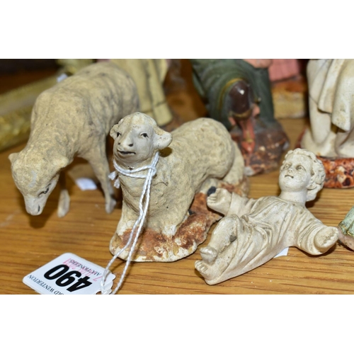 490 - A NATIVITY GROUP, to include plaster Mary, Joseph, Jesus and sheep (all white), three kings (painted... 