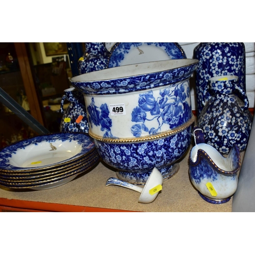 499 - ROYAL DOLTON FLOW BLUE 'MELROSE' PATTERN DINNER WARES, comprising six soup bowls (four damaged), six... 