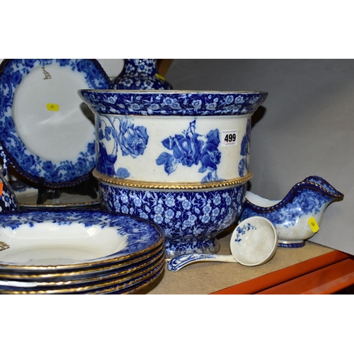 499 - ROYAL DOLTON FLOW BLUE 'MELROSE' PATTERN DINNER WARES, comprising six soup bowls (four damaged), six... 