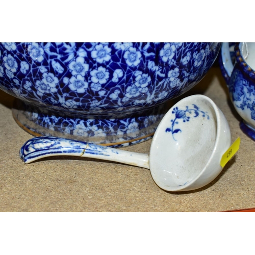 499 - ROYAL DOLTON FLOW BLUE 'MELROSE' PATTERN DINNER WARES, comprising six soup bowls (four damaged), six... 