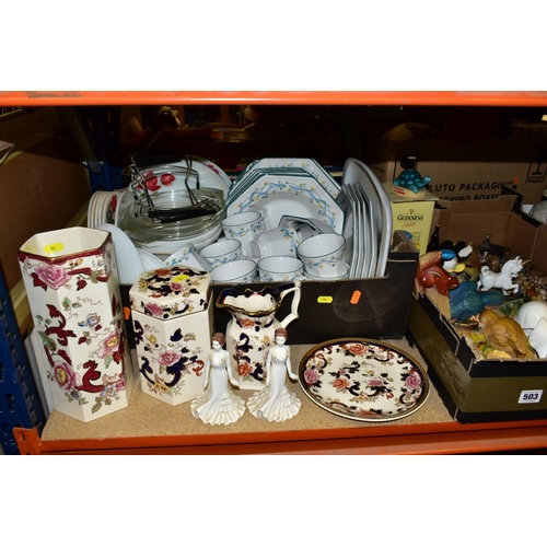 503 - THREE BOXES AND LOOSE DINNERWARES AND ORNAMENTS ETC, to include Johnsons Eternal Belle part dinner s... 