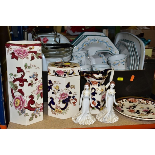 503 - THREE BOXES AND LOOSE DINNERWARES AND ORNAMENTS ETC, to include Johnsons Eternal Belle part dinner s... 