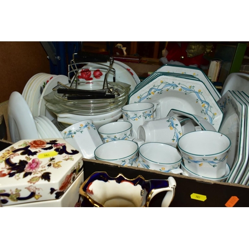 503 - THREE BOXES AND LOOSE DINNERWARES AND ORNAMENTS ETC, to include Johnsons Eternal Belle part dinner s... 