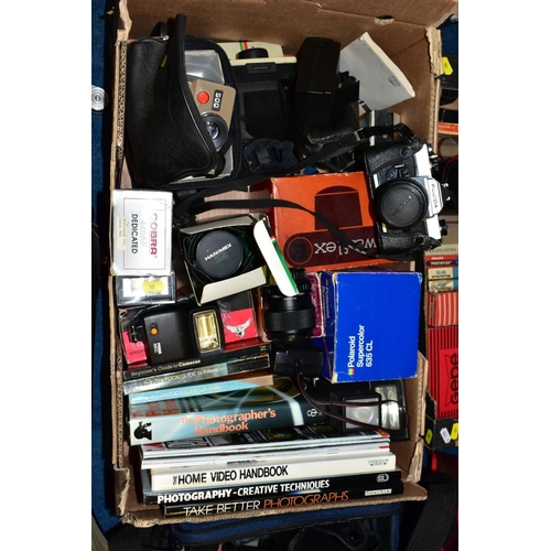 505 - TWO BOXES AND LOOSE PHOTOGRAPHIC EQUIPMENTS, to include a Fujica STX-1 camera body, Fuji 50mm Fl.9 a... 