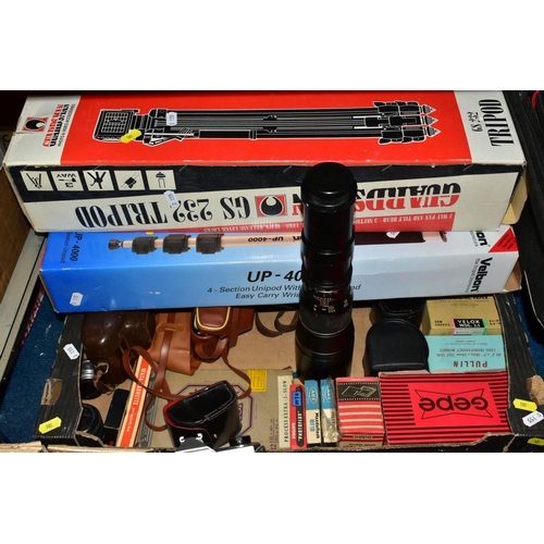 505 - TWO BOXES AND LOOSE PHOTOGRAPHIC EQUIPMENTS, to include a Fujica STX-1 camera body, Fuji 50mm Fl.9 a... 