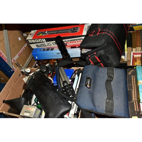 505 - TWO BOXES AND LOOSE PHOTOGRAPHIC EQUIPMENTS, to include a Fujica STX-1 camera body, Fuji 50mm Fl.9 a... 