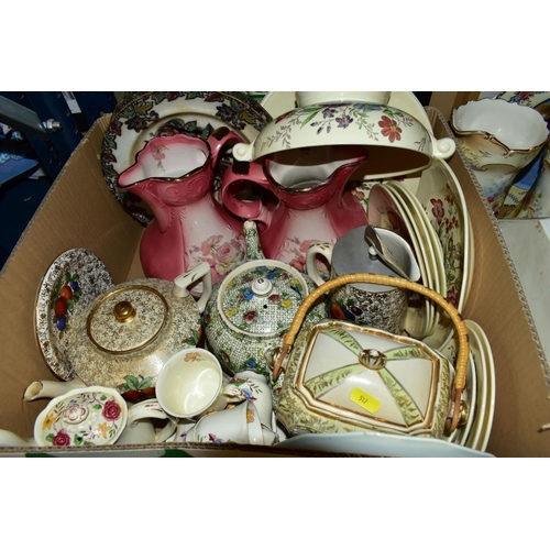 517 - TWO BOXES AND LOOSE ASSORTED CERAMICS, ETC, to include a Masons Mandalay cheese dome and stand in go... 