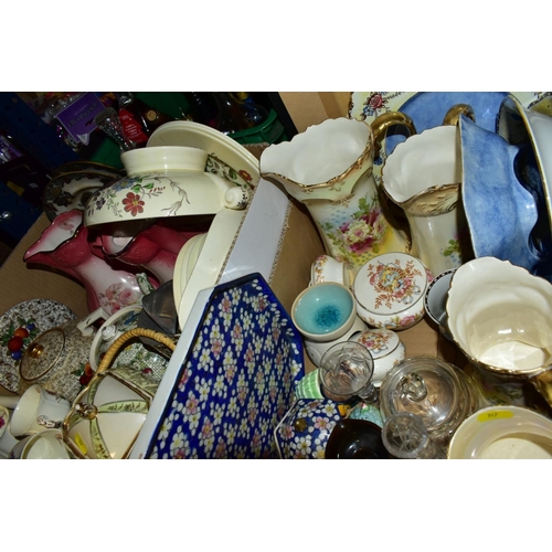 517 - TWO BOXES AND LOOSE ASSORTED CERAMICS, ETC, to include a Masons Mandalay cheese dome and stand in go... 