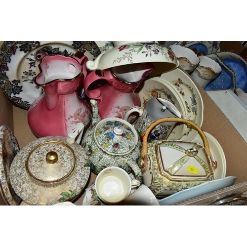 517 - TWO BOXES AND LOOSE ASSORTED CERAMICS, ETC, to include a Masons Mandalay cheese dome and stand in go... 