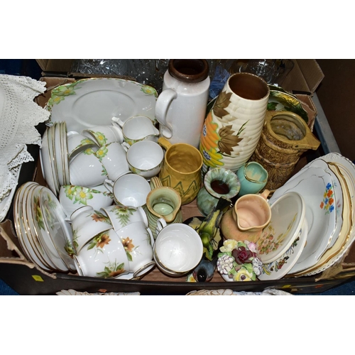 518 - THREE BOXES OF CERAMICS, GLASS AND SUNDRIES, ETC, to include Royal Vale and Crown teawares, Ellgreav... 