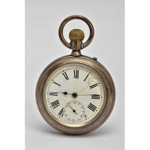 52 - A SILVER OPEN FACE POCKET WATCH, AF white dial Roman numerals, seconds subsidiary dial at the six o'... 