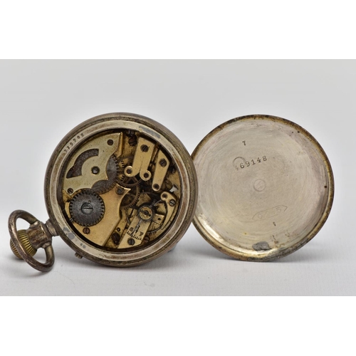 52 - A SILVER OPEN FACE POCKET WATCH, AF white dial Roman numerals, seconds subsidiary dial at the six o'... 