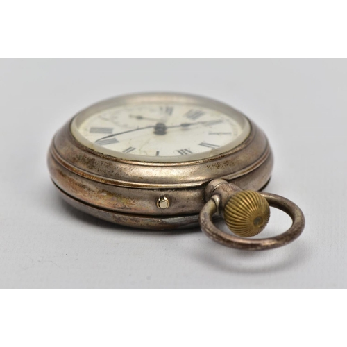 52 - A SILVER OPEN FACE POCKET WATCH, AF white dial Roman numerals, seconds subsidiary dial at the six o'... 