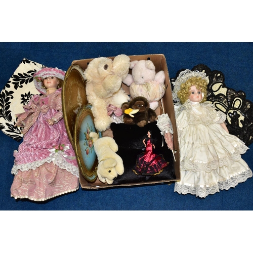 529 - THREE BOXES AND LOOSE MODERN FURNISHINGS, COLLECTORS DOLLS etc, to include beaded table runners, cov... 