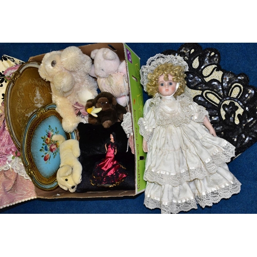 529 - THREE BOXES AND LOOSE MODERN FURNISHINGS, COLLECTORS DOLLS etc, to include beaded table runners, cov... 