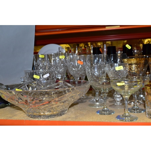 540 - A GROUP OF CUT/GILT DECORATED/COLOURED GLASSWARES, to include a pair of Stuart Crystal flutes, four ... 