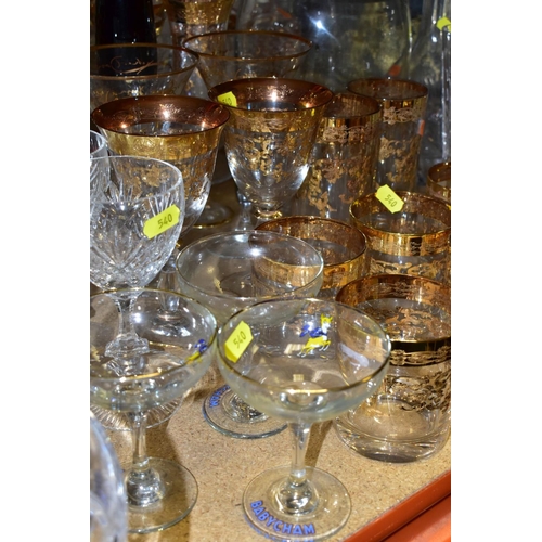 540 - A GROUP OF CUT/GILT DECORATED/COLOURED GLASSWARES, to include a pair of Stuart Crystal flutes, four ... 