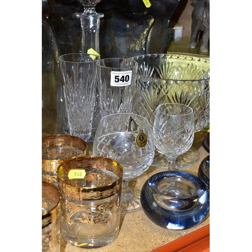 540 - A GROUP OF CUT/GILT DECORATED/COLOURED GLASSWARES, to include a pair of Stuart Crystal flutes, four ... 