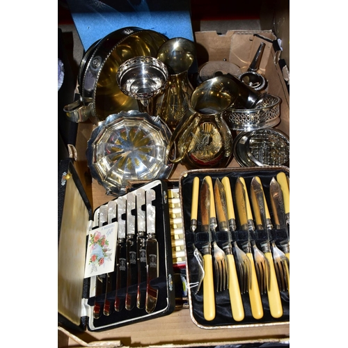 545 - THREE BOXES OF GLASSWARE, CERAMICS, METALWARES, etc, to include flatware (cased Sterling silver coll... 