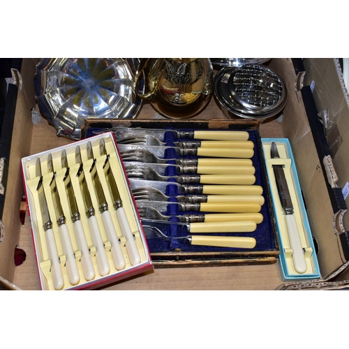 545 - THREE BOXES OF GLASSWARE, CERAMICS, METALWARES, etc, to include flatware (cased Sterling silver coll... 