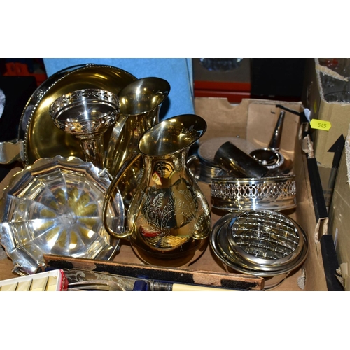 545 - THREE BOXES OF GLASSWARE, CERAMICS, METALWARES, etc, to include flatware (cased Sterling silver coll... 