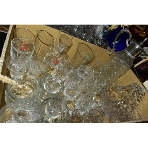 545 - THREE BOXES OF GLASSWARE, CERAMICS, METALWARES, etc, to include flatware (cased Sterling silver coll... 