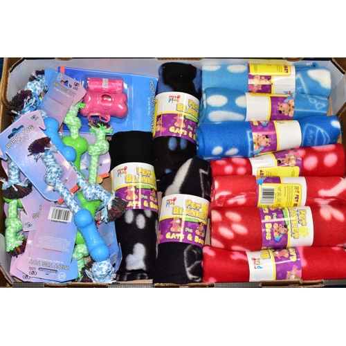 547 - TWO BOXES OF PET BLANKETS AND TOYS, for cats and dogs, blanket sizes 55cm x 80cm, in various colours