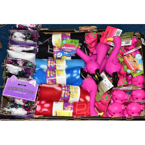 547 - TWO BOXES OF PET BLANKETS AND TOYS, for cats and dogs, blanket sizes 55cm x 80cm, in various colours