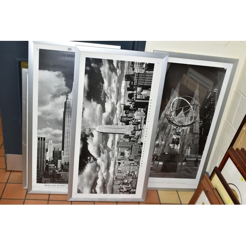 551 - SIX HENRI SILBERMAN MONOCHROME POSTER PRINTS OF NEW YORK, silver aluminium frames, largest size appr... 