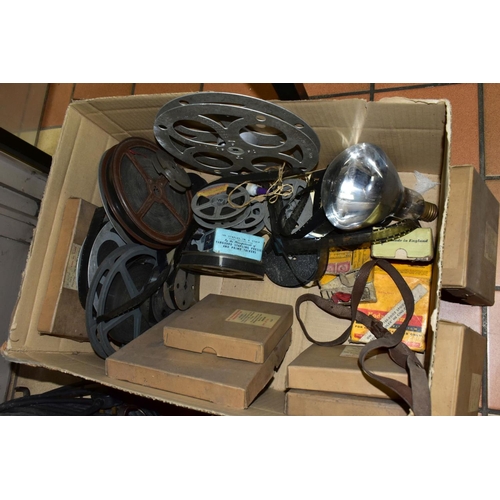 556 - ONE BOX AND LOOSE OF VINTAGE CINEMA RELATED ITEMS, including a cine-equipment Ltd model 021 portable... 