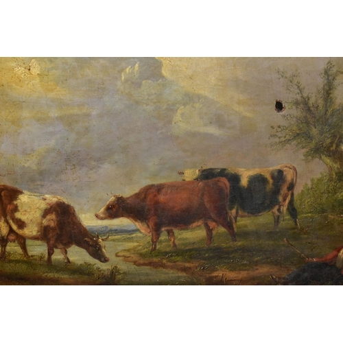 557 - A PASTORAL LANDSCAPE WITH THREE CATTLE AND A DROVER RESTING BESIDE A STREAM, no visible signature oi... 