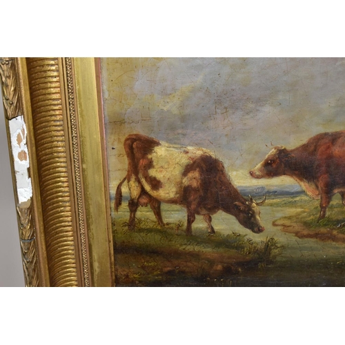 557 - A PASTORAL LANDSCAPE WITH THREE CATTLE AND A DROVER RESTING BESIDE A STREAM, no visible signature oi... 