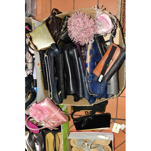 559 - THREE BOXES OF LADIES SHOES AND HANDBAGS AND A NETBAGS SUITCASE, including some boxed shoes, includi... 