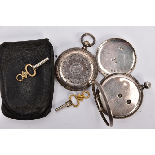 56 - TWO OPEN FACE POCKET WATCHES, the first a silver watch with a white dial signed 'Fattorini & Sons 87... 