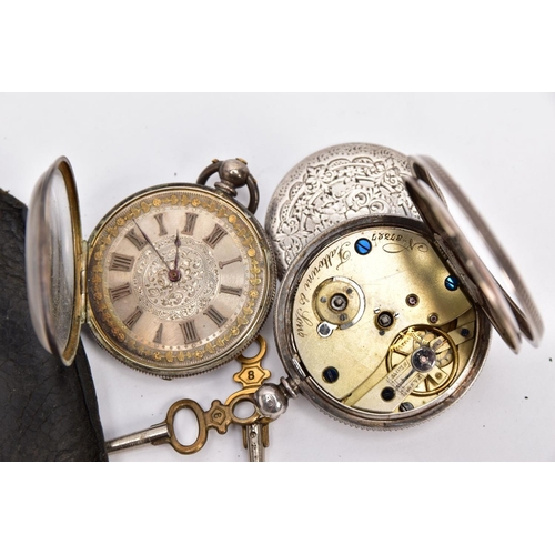 56 - TWO OPEN FACE POCKET WATCHES, the first a silver watch with a white dial signed 'Fattorini & Sons 87... 