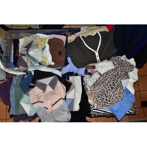 562 - THREE BOXES AND LOOSE LADIES AND MENS WEAR, to include mens Gabbici golfing jumpers (m), three mens ... 