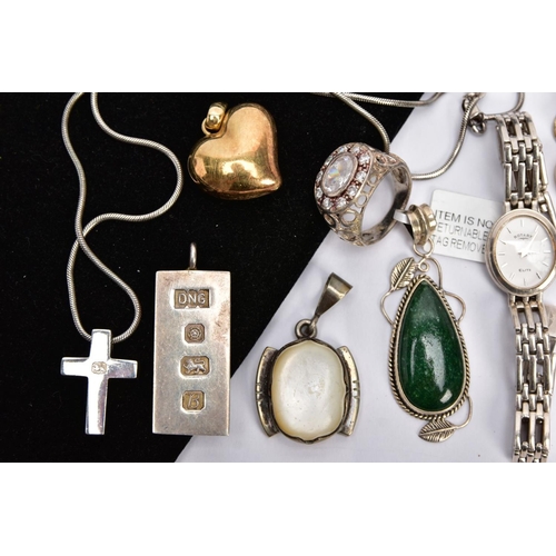 59 - A SELECTION OF JEWELLERY, to include a silver ingot pendant, hallmarked Sheffield 1976, a silver cro... 