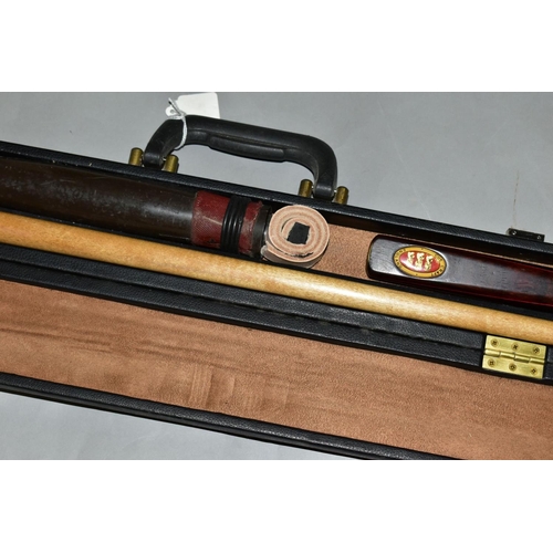 592 - A QUANTITY OF CASED WOODEN CUES, mixture of one and two piece cues, some with extension pieces, asso... 