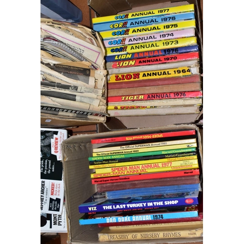 595 - BOOKS & MAGAZINES, four boxes and loose containing forty five annuals including Cor, Lion, Tiger,  B... 