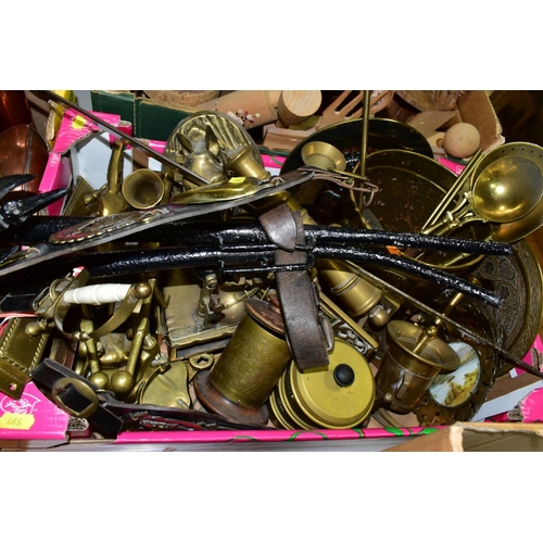 599 - TWO BOXES OF COPPER, BRASS, ETC including a bronze Wild Boar dish, length 16cm, flat irons and brass... 