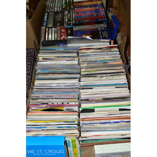 607 - TWO BOXES OF SINGLE RECORDS AND DVD'S, the singles include approximately 350 7 inch and picture disc... 