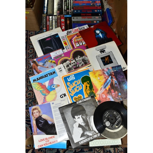 607 - TWO BOXES OF SINGLE RECORDS AND DVD'S, the singles include approximately 350 7 inch and picture disc... 