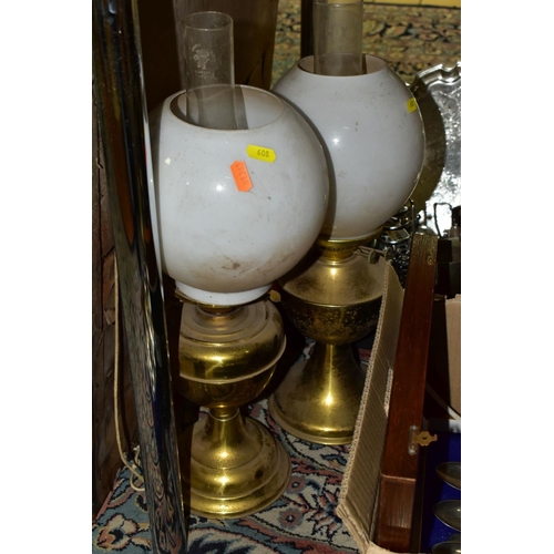 608 - THREE BOXES AND LOOSE METALWARES, BRASS BASED OIL LAMPS AND TWO PICTURES, the metalware to include c... 